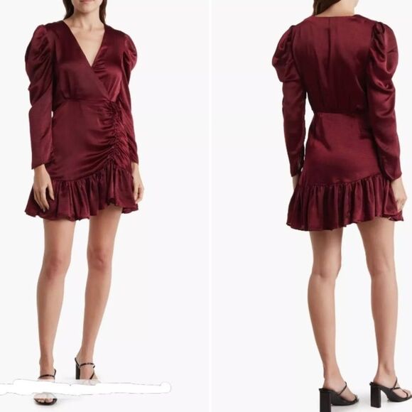 Steve Madden Nyla Long Sleeve V Neck Faux-Wrap Ruched Dress L NWT - Picture 1 of 7